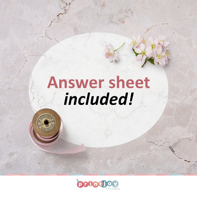 May include: A white speech bubble with the text "Answer sheet included!" on a gray textured background. Pink flowers and a spool of pink ribbon are on the background.