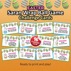 Op de afbeelding: Paas-Saran Wrap Ball Game Challenge Cards. De kaarten bevatten konijnenillustraties en paaseieren. Elke kaart heeft een uitdaging. Het spel bevat 16 uitdagingskaarten en is klaar om te printen en te spelen.