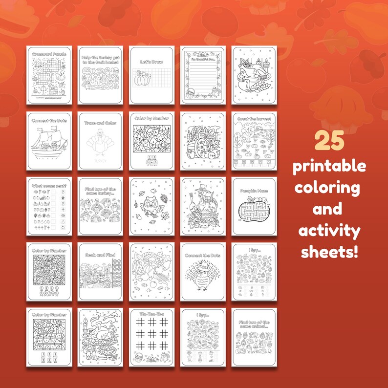 Puede incluir: Un conjunto de 25 hojas de colorear y actividades imprimibles con temas de Acci&oacute;n de Gracias. Las hojas incluyen una variedad de actividades como laberintos, unir los puntos, colorear por n&uacute;meros y m&aacute;s.