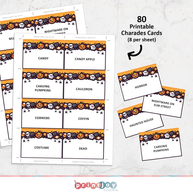 May include: Printable Halloween charades game cards with 8 cards per sheet. The cards feature a variety of Halloween themes, including candy, pumpkins, and haunted houses.