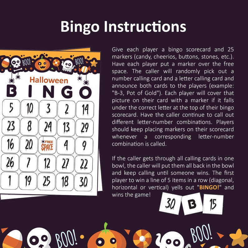 Peut inclure: Jeu de bingo d'Halloween sur le th&egrave;me de l'horreur. Le plateau de jeu comporte 25 cases avec des num&eacute;ros et une case gratuite. Les instructions expliquent comment jouer au jeu en utilisant des cartes d'appel avec des lettres et des num&eacute;ros.