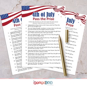 May include: Red, white, and blue 4th of July party game cards with instructions for "Pass the Prize". The cards feature a red, white, and blue American flag design.