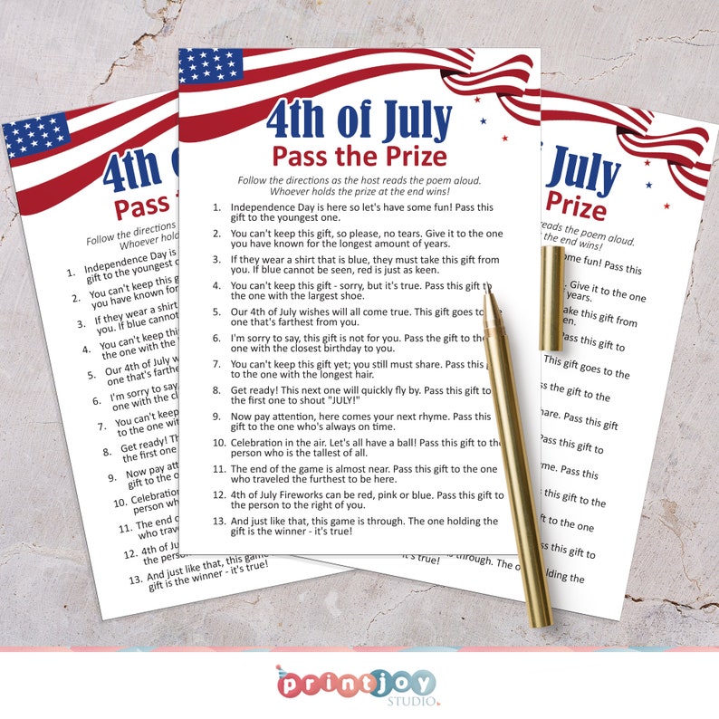 May include: Red, white, and blue 4th of July party game cards with instructions for "Pass the Prize". The cards feature a red, white, and blue American flag design.