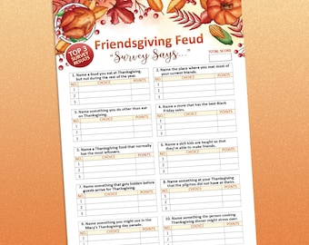 Friendsgiving Family Feud game, Friendsgiving games, Thanksgiving friends, Friendsgiving decor, Printable games, Friends thanksgiving