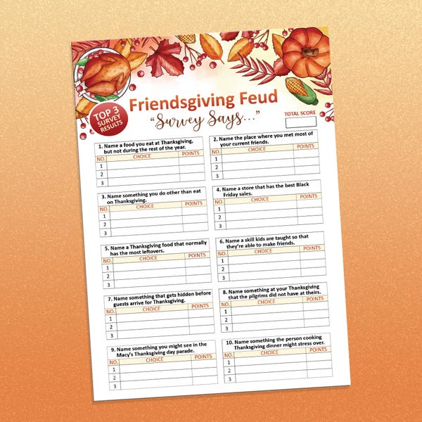 Friendsgiving Family Feud-spel Friendsgiving-games, Thanksgiving-vrienden, Friendsgiving-decor, Afdrukbare games, Friends-Thanksgiving