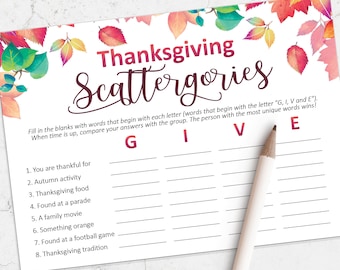 Thanksgiving Games, Printable Scattergories Game for Thanksgiving, Friendsgiving, Thanksgiving entertaining, Thanksgiving printable