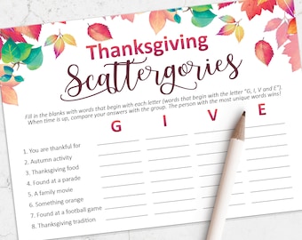 Thanksgiving Games, afdrukbaar Scattergories-spel voor Thanksgiving, Friendsgiving, Thanksgiving onderhoudend, Thanksgiving afdrukbaar