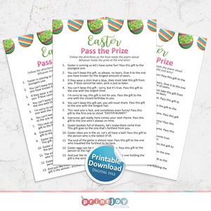 May include: Printable Easter game instructions featuring colourful eggs and the text "Pass the Prize". The instructions include a poem with rules for passing a gift around a group.