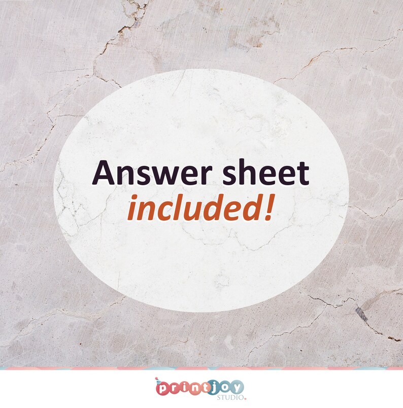 May include: A white circle with a cracked gray background. The text "Answer sheet included!" is written in black and orange.