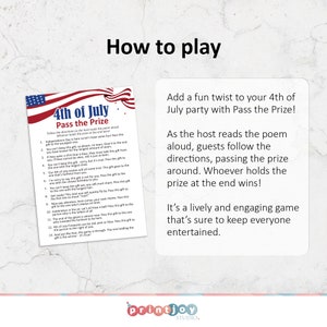May include: A printable game card for a 4th of July party game called "Pass the Prize". The card has red, white, and blue stars and stripes. The card has instructions for the game, which involves passing a prize around a group of people while following the directions of a poem.