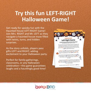 Op de afbeelding: Een printbaar Halloween-spel voor kinderen. Het spel heet "Halloween Left Right Game". Het spel is ontworpen om met twee spelers te spelen. Het spel wordt gespeeld door cadeaus naar links en rechts te geven. Het spel is perfect voor familiebijeenkomsten, klaslokalen of elke Halloween-viering.
