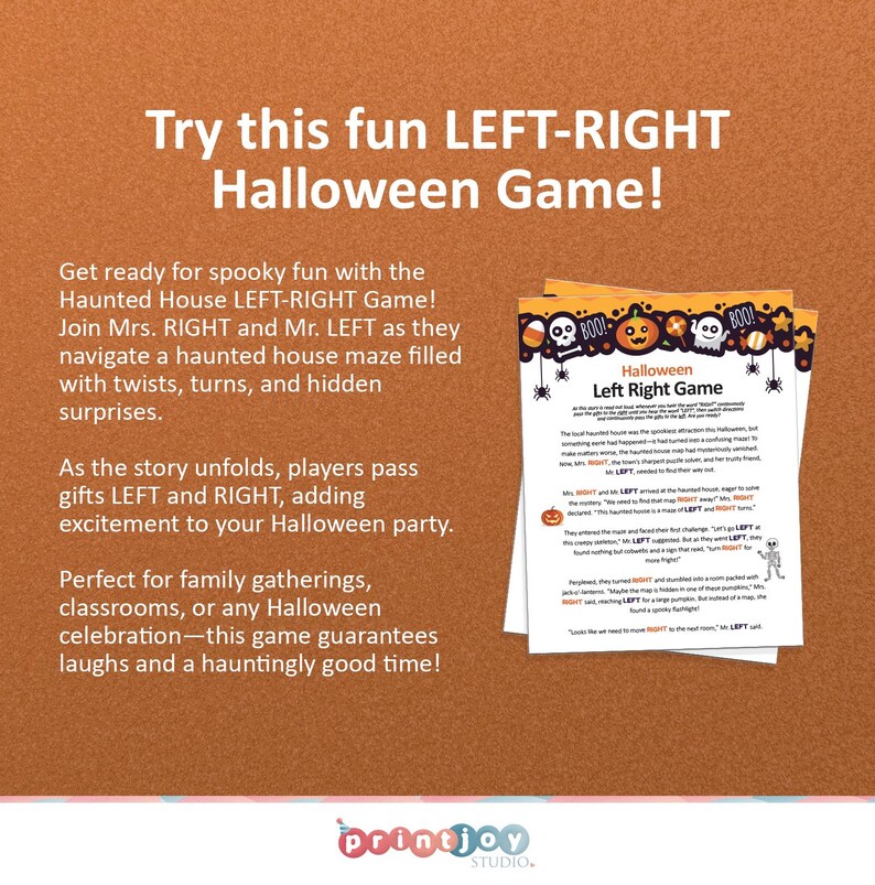 Op de afbeelding: Een printbaar Halloween-spel voor kinderen. Het spel heet "Halloween Left Right Game". Het spel is ontworpen om met twee spelers te spelen. Het spel wordt gespeeld door cadeaus naar links en rechts te geven. Het spel is perfect voor familiebijeenkomsten, klaslokalen of elke Halloween-viering.