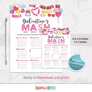 May include: A printable Galentine's Day game called "MASH" with a pink and white color scheme. The game is designed to predict the future with categories like future spouse, job, pet, location, and car. The game includes two sizes: 8.5 x 11 inches and 5 x 7 inches.