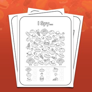 Puede incluir: Un juego de &laquo;&nbsp;Veo&hellip;&nbsp;&raquo; imprimible de tem&aacute;tica de Acci&oacute;n de Gracias en blanco y negro con un pavo, calabazas, tartas, sombreros, bellotas y uvas. El juego incluye una cuadr&iacute;cula para contar el n&uacute;mero de cada elemento.