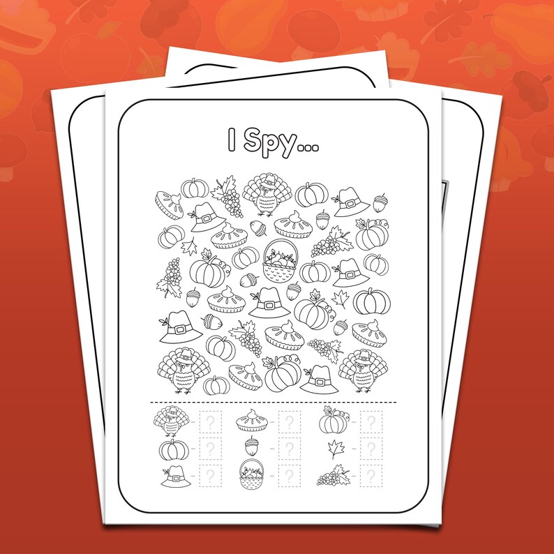 Puede incluir: Un juego de &laquo;&nbsp;Veo&hellip;&nbsp;&raquo; imprimible de tem&aacute;tica de Acci&oacute;n de Gracias en blanco y negro con un pavo, calabazas, tartas, sombreros, bellotas y uvas. El juego incluye una cuadr&iacute;cula para contar el n&uacute;mero de cada elemento.