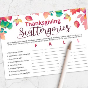Thanksgiving Games, Printable Scattergories Game for Thanksgiving, Thanksgiving entertaining, Thanksgiving printable, Friendsgiving
