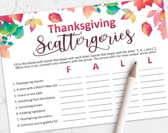 Thanksgiving Games, Printable Scattergories Game for Thanksgiving, Thanksgiving entertaining, Thanksgiving printable, Friendsgiving