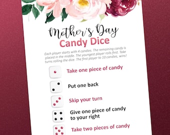 Mother’s Day Candy Dice Game, Candy game, Printable Mother's Day games, Fun Mothers Day party games, Printable games, Kids Mothers Day