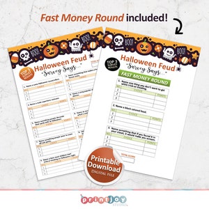 May include: Printable Halloween Feud game with a fast money round. The game includes questions about Halloween traditions and spooky things. The game is designed for a group of people to play together.