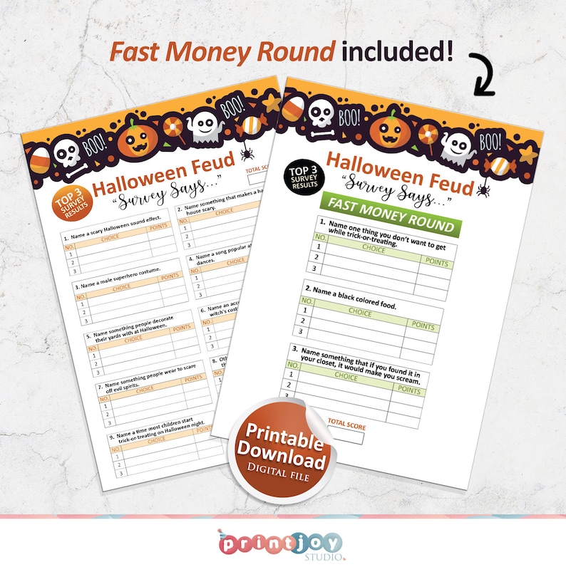 May include: Printable Halloween Feud game with a fast money round. The game includes questions about Halloween traditions and spooky things. The game is designed for a group of people to play together.
