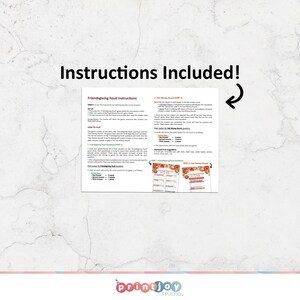 May include: A white instructional sheet titled Friendsgiving Feud Instructions with black text detailing game setup, gameplay, and scoring rules. The document includes two smaller thumbnail images of game cards and a curved arrow pointing to the text.