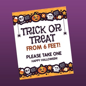 Trick or treat from 6 feet sign, Printable Halloween Sign, Social distancing sign, Halloween door sign, Trick or treat sign, Six feet apart