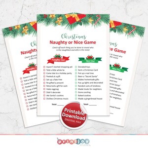 May include: A printable Christmas Naughty or Nice game with a green and red holiday theme. The game features two lists: Naughty List and Nice List. Each list has a series of actions to check off, such as "Haven't started shopping yet" or "Donated toys".