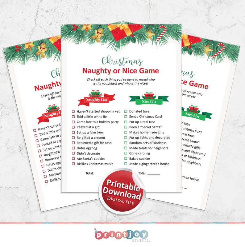May include: A printable Christmas Naughty or Nice game with a green and red holiday theme. The game features two lists: Naughty List and Nice List. Each list has a series of actions to check off, such as "Haven't started shopping yet" or "Donated toys".