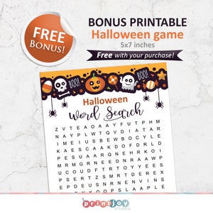 Może przedstawiać: Drukowana gra w wyszukiwanie sł&oacute;w na Halloween z czarną i pomarańczową ramką. Gra ma rozmiar 12,7 x 17,8 cm i zawiera ilustracje ducha, dyni, cukrowego kukurydzy i pająka. Słowa do odnalezienia to: "BOO!" "GHOST" "WITCH" "SPIDER" "CANDY" "BAT" "FRANKENSTEIN" "VAMPIRE" "ZOMBIE" "MUMMY" "SKELETON" "SCARECROW" "HALLOWEEN".