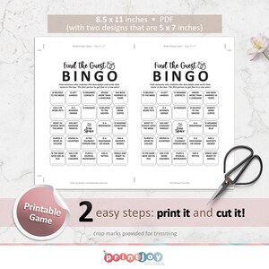 K&ouml;nnte beinhalten: Zwei druckbare Brautparty-Bingo-Karten im Schwarzwei&szlig;-Design. Die Karten sind 5 x 7 Zoll gro&szlig; und bieten eine Vielzahl von Aufforderungen f&uuml;r die G&auml;ste, jemanden zu finden, der der Beschreibung entspricht. Die Karten sind mit "Find the Guest Bingo" beschriftet.