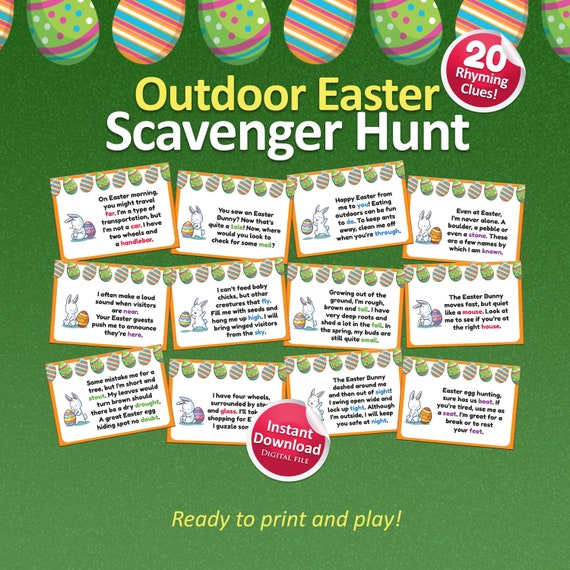 Outdoor Easter scavenger hunt for kids, Outdoor scavenger hunt, Easter egg hunt, Scavenger hunt outdoor, Easter hunt clues, Easter for kids