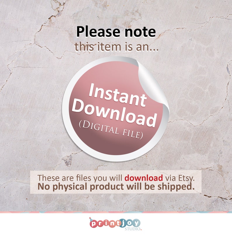 K&ouml;nnte beinhalten: Ein rosa Kreis mit dem Text "Sofort-Download (DIGITALE DATEI)" auf wei&szlig;em Hintergrund. Der Text "Bitte beachten Sie, dass dieser Artikel ein..." befindet sich &uuml;ber dem Kreis. Der Text "Dies sind Dateien, die Sie &uuml;ber Etsy herunterladen k&ouml;nnen. Es wird kein physisches Produkt versandt." befindet sich unter dem Kreis. Der Text "printjoy STUDIO." befindet sich am unteren Rand des Bildes.