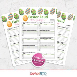 Puede incluir: Juego de Feudo de Pascua imprimible con un dise&ntilde;o de huevo de Pascua verde, amarillo y naranja. El juego es un juego de estilo "Survey Says" con preguntas sobre las tradiciones de Pascua. El juego es una descarga imprimible.