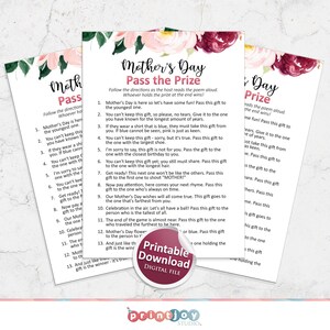 May include: Three printable Mother's Day game sheets with floral accents and the text "Mother's Day Pass the Prize." A circular sticker reads "Printable Download DIGITAL FILE."