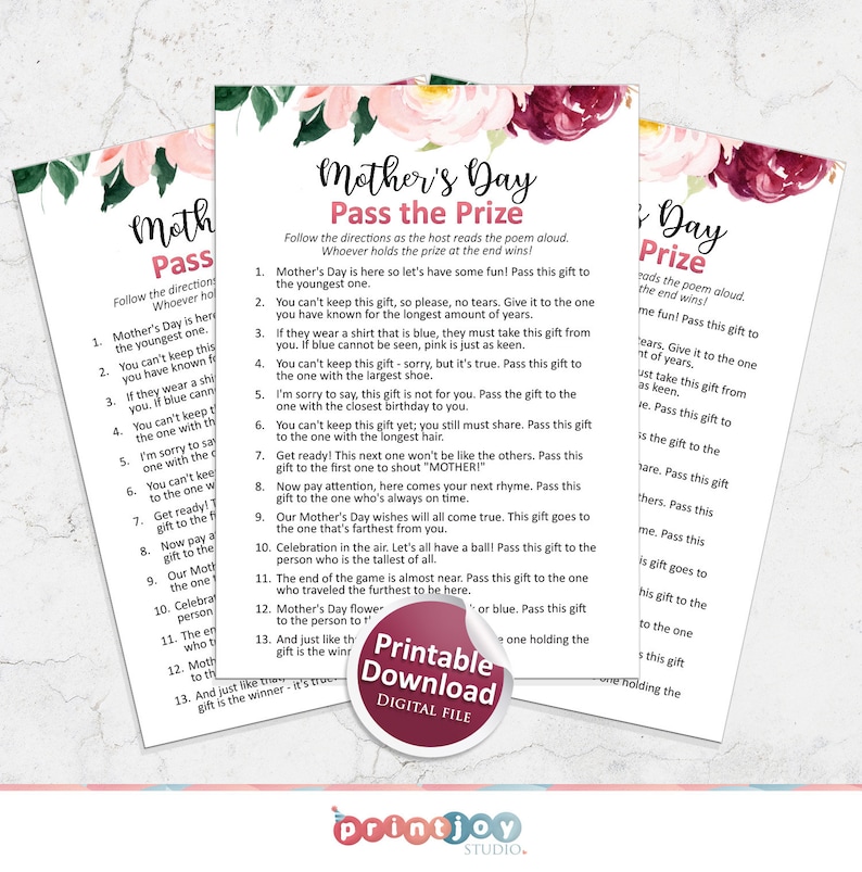 May include: Three printable Mother's Day game sheets with floral accents and the text "Mother's Day Pass the Prize." A circular sticker reads "Printable Download DIGITAL FILE."