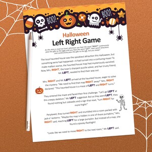 Op de afbeelding: Een printbaar Halloween-spel voor kinderen. Het spel heet "Left Right Game" en bevat een griezelig spookhuis-doolhof. De instructies zijn om een ​​cadeau naar rechts te geven wanneer je het woord "right" hoort en naar links wanneer je het woord "left" hoort.
