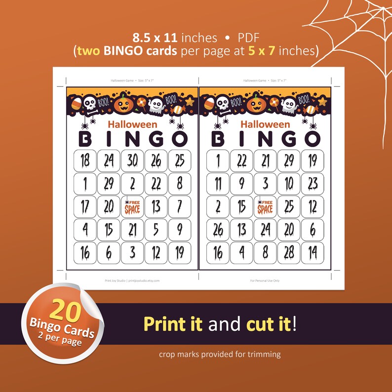 Peut inclure: Deux cartes de bingo d'Halloween imprimables avec un sch&eacute;ma de couleurs noir et orange. Chaque carte a une grille de 5x5 avec des num&eacute;ros et un espace libre au centre. Les cartes sont d&eacute;cor&eacute;es de graphismes sur le th&egrave;me d'Halloween, y compris des citrouilles, des fant&ocirc;mes et des bonbons au ma&iuml;s.
