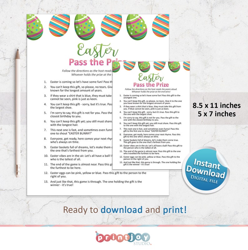 May include: Printable Easter game instructions featuring colourful eggs and the title "Easter Pass the Prize". The instructions include a list of rules for a game where players pass a gift around a circle.