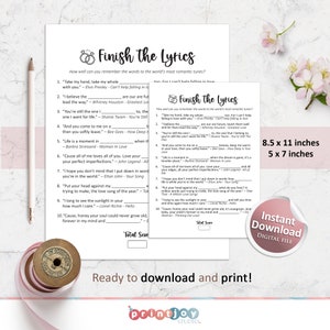 May include: A printable game card with the title "Finish the Lyrics". The card features a list of 10 popular love songs with missing lyrics. Players must fill in the blanks with the correct lyrics. The card is 8.5 inches by 11 inches and 5 inches by 7 inches.