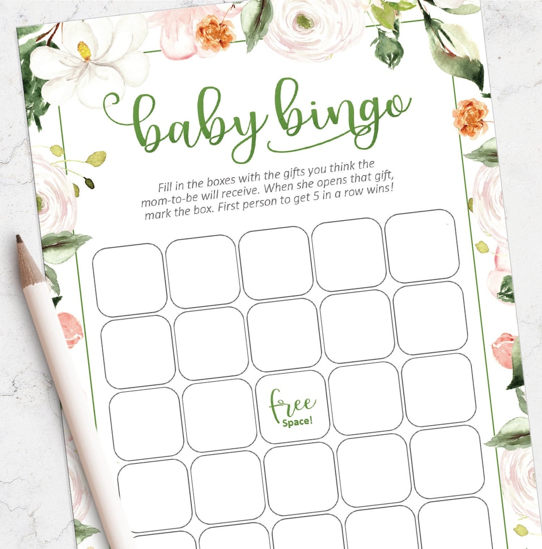 Printable Baby Shower Bingo, Floral Baby Shower Games, Greenery Baby ...