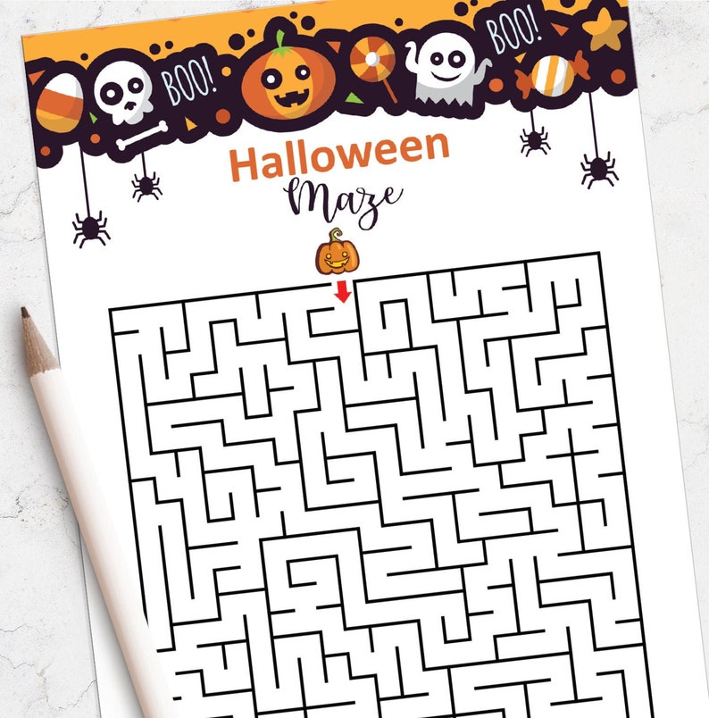 May include: A black and white Halloween maze with a pumpkin at the top and the words "Halloween Maze" in the center. The maze has a path that leads from the pumpkin to the bottom of the maze.