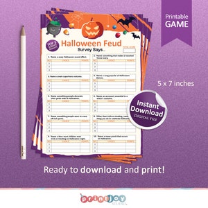 May include: Printable Halloween Feud game with a festive orange and purple design. The game includes 10 questions with 3 answer choices each. Players can choose their favorite answers and earn points. The game is 5 x 7 inches.