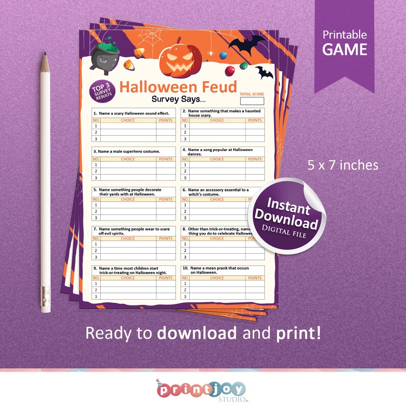 May include: Printable Halloween Feud game with a festive orange and purple design. The game includes 10 questions with 3 answer choices each. Players can choose their favorite answers and earn points. The game is 5 x 7 inches.