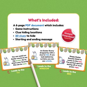 Puede incluir: Un juego de b&uacute;squeda de huevos de Pascua imprimible con 20 pistas para esconder. El juego incluye instrucciones, ubicaciones para esconder las pistas y un mensaje de inicio y final. Las pistas est&aacute;n ilustradas con conejos y huevos de Pascua lindos.