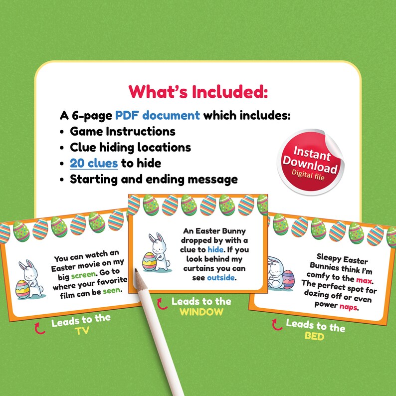 Puede incluir: Un juego de b&uacute;squeda de huevos de Pascua imprimible con 20 pistas para esconder. El juego incluye instrucciones, ubicaciones para esconder las pistas y un mensaje de inicio y final. Las pistas est&aacute;n ilustradas con conejos y huevos de Pascua lindos.