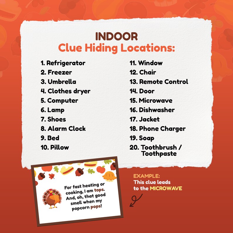 May include: A printable Thanksgiving game with a list of 20 indoor hiding places for clues. The example clue says "For fast heating or cooking, I am tops. And, oh, that good smell when my popcorn pops!" and points to the microwave.