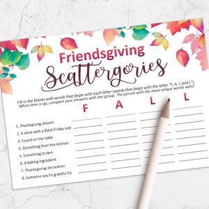 Friendsgiving game, Scattergories Game, Printable Friendsgiving games, Friends thanksgiving games