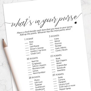 Baby Shower Games, What's in Your Purse Game, Minimalist Baby Shower, Gender neutral baby shower, Party games, bridal games, wedding shower