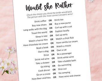 Would she rather bridal shower game, How well do you know the Bride, Who knows the bride best, Printable bridal shower games
