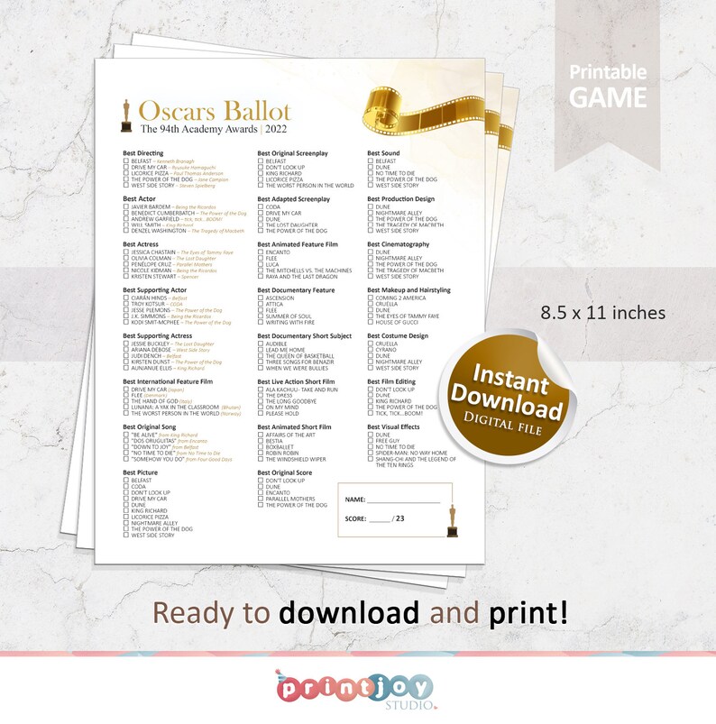 oscar party game oscar ballot oscars 2022 oscar theme etsy
